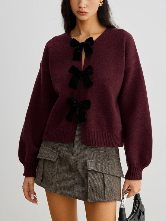 Commense Sweaters - Commense Burgundy Velvet Bow Sweater Cropped Lantern Sleeve Coquette Romantic M